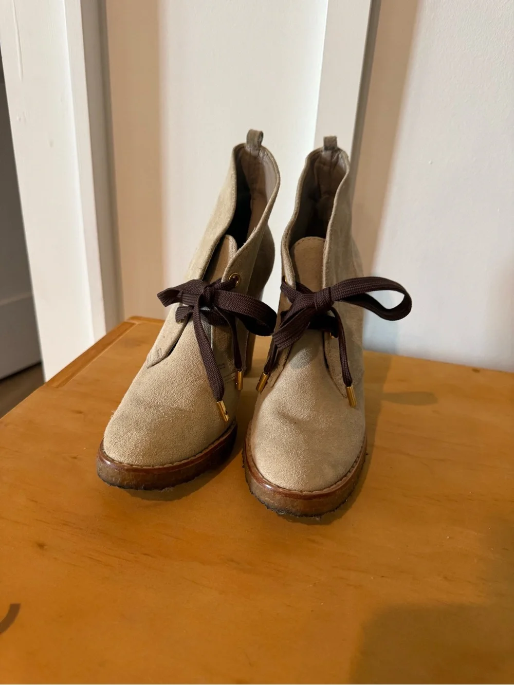 Tory Burch Hilary Suede Lace-Up Ankle Booties beige